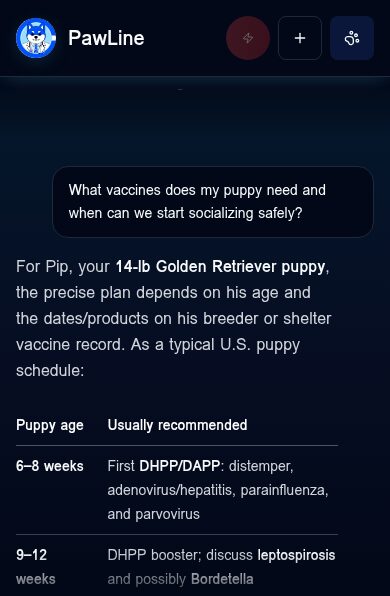 PawLine app chat for a demo pet, a Golden Retriever puppy named Pip, answering a vaccine and socializing question with an age table