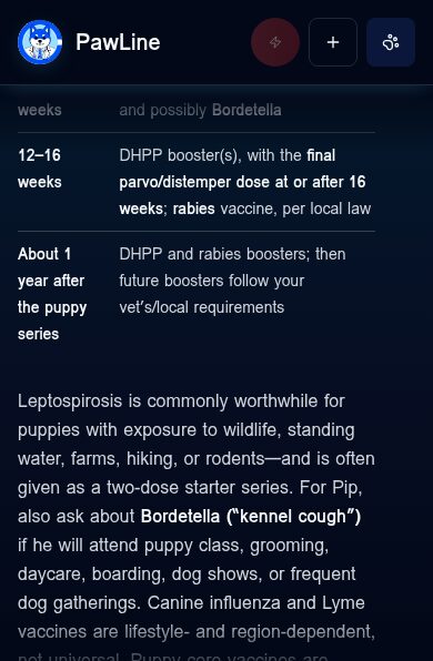 PawLine app chat for a demo pet, a Golden Retriever puppy named Pip, answering a vaccine and socializing question with an age table
